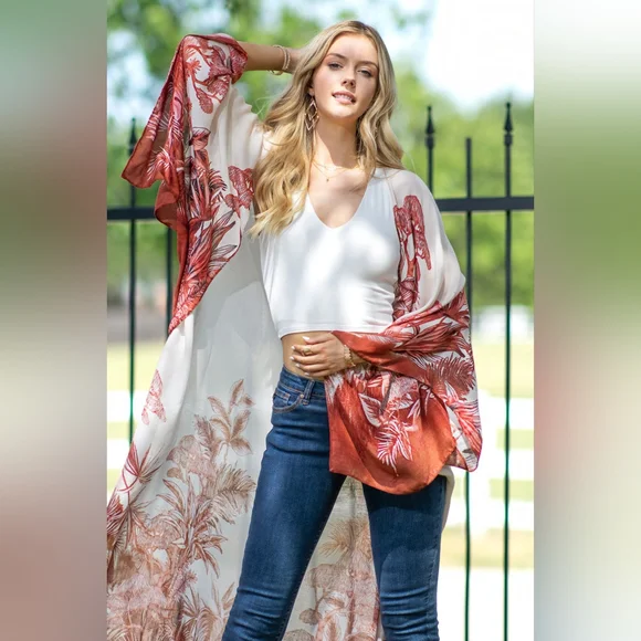 Stunning Kimono w/ Detailed Exotic Japanese Plants & Bonsai Tree Print - Picture 9 of 11